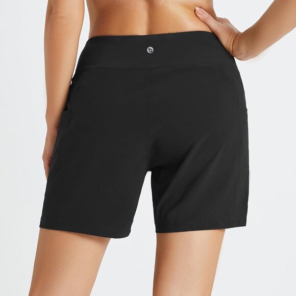 🆕Women's Black Polyester Quick Dry High Waisted Swim Board Shorts UPF 50+ Liner - Picture 2 of 7